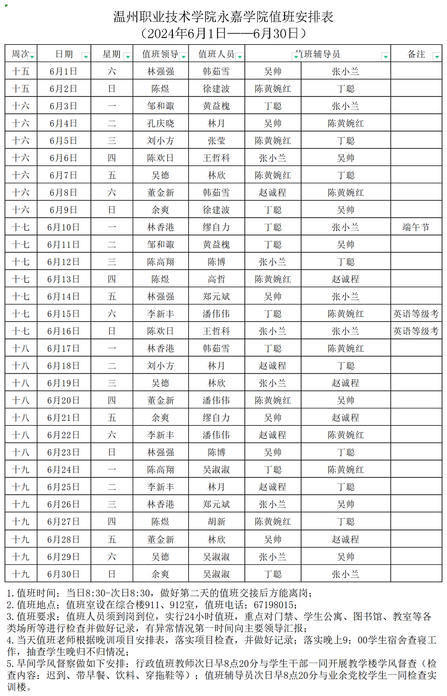 温州职业技术学院永嘉学院值班安排表（2024年6月1日——6月30日）_Sheet2.png